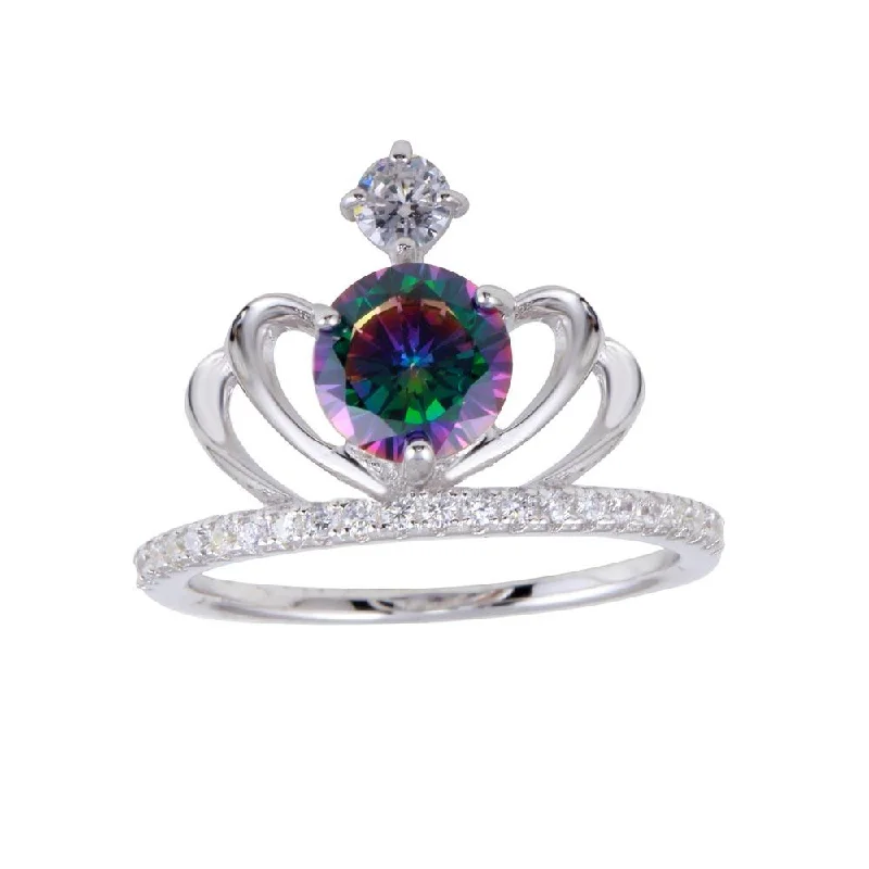 Ladies rings rose gold-Rhodium Plated 925 Sterling Silver Crown Synthetic Mystic Topaz CZ Ring - BGR01255