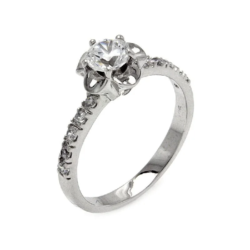 Ladies rings animal themes-Silver 925 Rhodium Plated Clear Round Center CZ Flower Ring - BGR00548