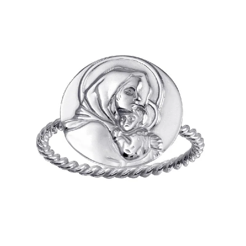 Ladies rings Valentine’s Day-High Polished 925 Sterling Silver Mother Mary Medallion Ring - SOR00029