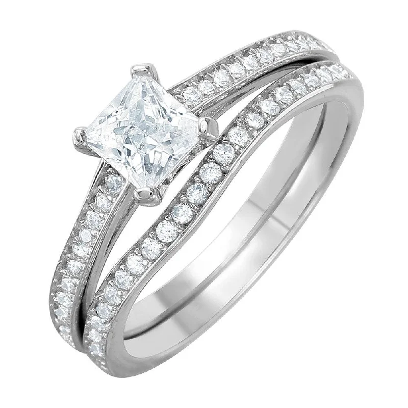 Ladies rings care tips-Silver 925 Rhodium Plated Thin CZ Bridal Ring - GMR00078