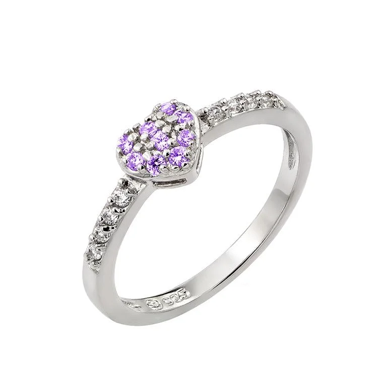 Ladies rings daily wear-Rhodium Plated 925 Sterling Silver Clear Inlay CZ February Birthstone Heart Ring  - BGR00784FEB