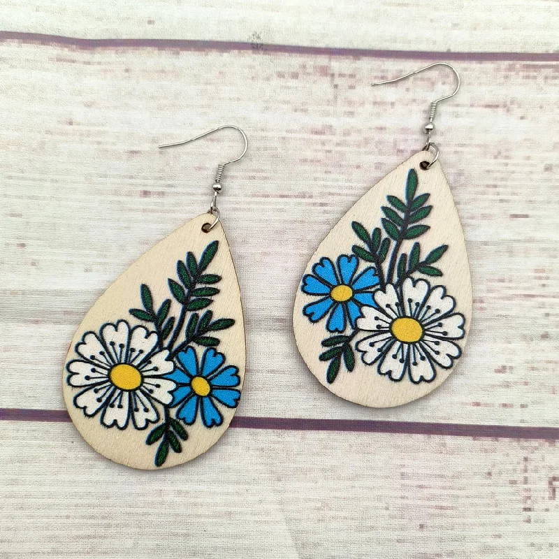 Ladies earrings girlfriend treats-Beautiful Wooden Floral Daisy Bouquet Dangle Earrings