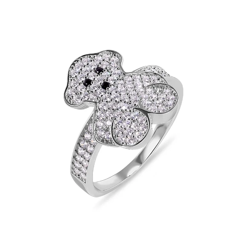 Ladies rings stacking trends-Rhodium Plated 925 Sterling Silver Teddy Bear Clear CZ Studded 15.5mm Ring - GMR00407