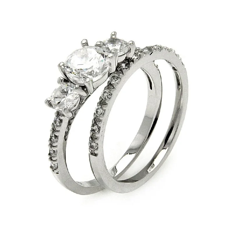 Ladies rings ethnic patterns-Silver 925 Rhodium Plated 3 Stone Set Round CZ Bridal Ring Set - BGR00461