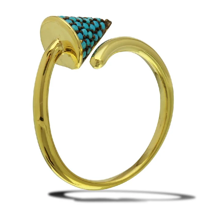 Ladies rings modern appeal-Gold Plated 925 Sterling Silver Open End Cone Ring with Turquoise Beads - BGR01114