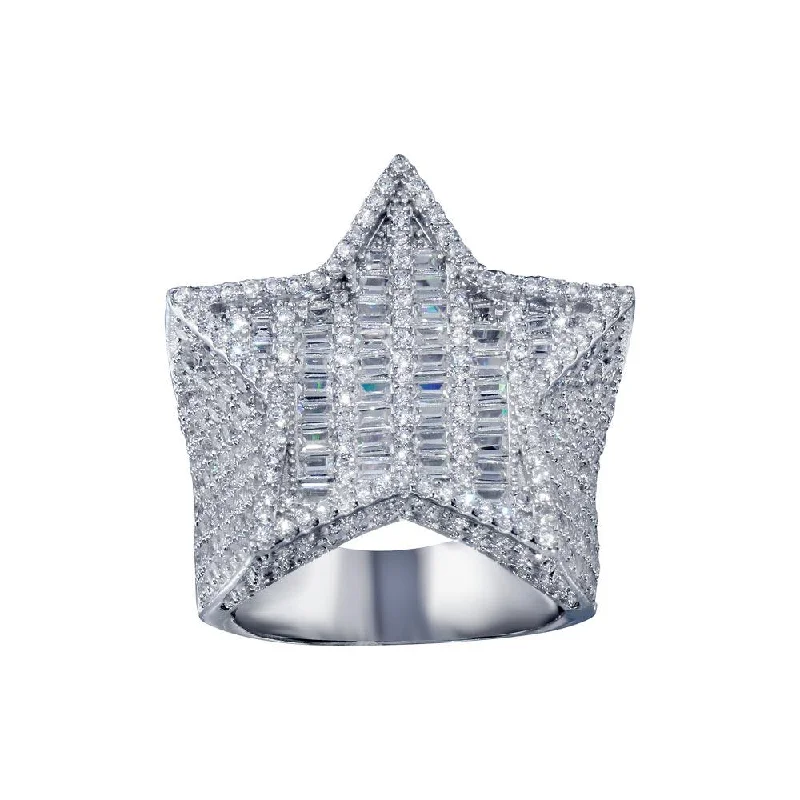 Ladies rings Christmas designs-Rhodium Plated 925 Sterling Silver CZ Encrusted Star Ring  - SLR00002