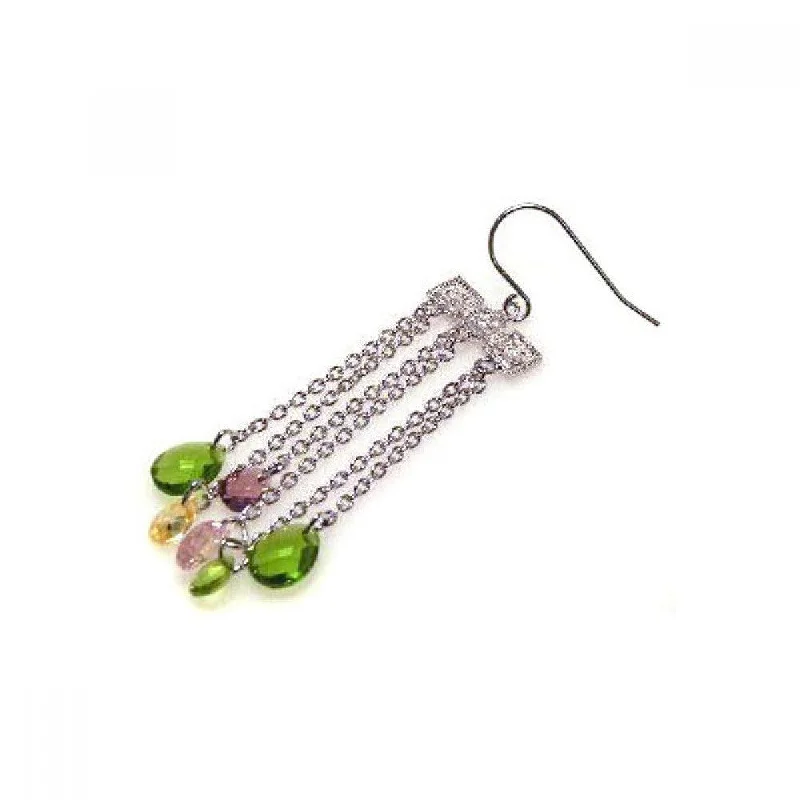 Ladies earrings bridal essentials-Clearance-Silver 925 Rhodium Plated Multicolor CZ Wire Dangling Hook Earrings - STE00142