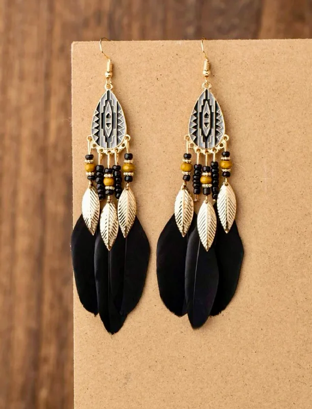 Ladies earrings creative pieces-Black Feather Tassel Earrings