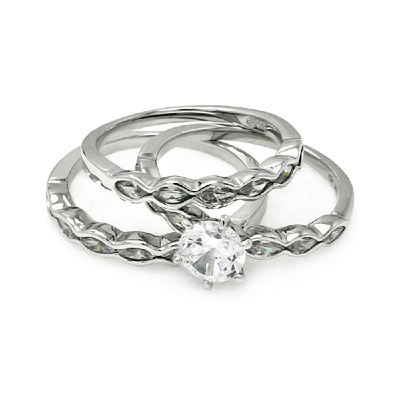 Ladies rings elegant looks-Silver 925 Rhodium Plated Clear Round Center CZ Bridal Ring Set - BGR00507