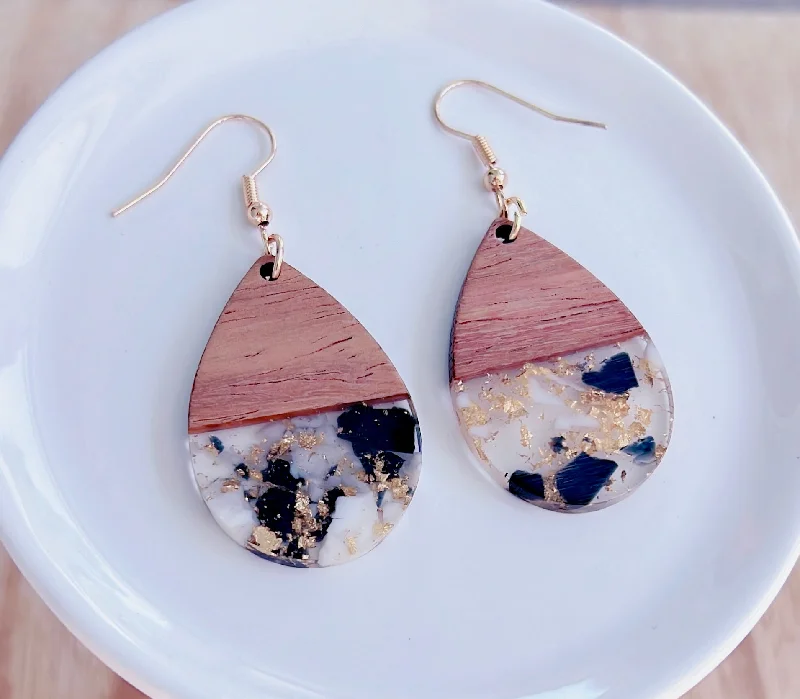 Ladies earrings gold-plated-Wood with Black and White Resin Teardrop Earrings