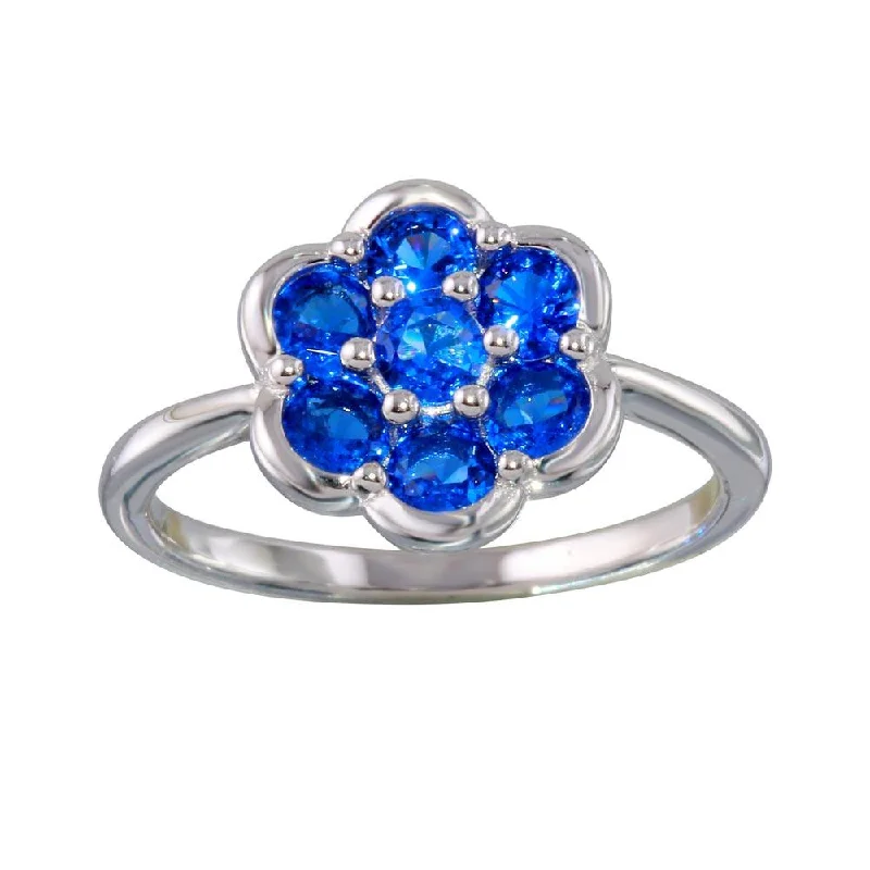 Ladies rings animal themes-Rhodium Plated 925 Sterling Silver Blue CZ Flower Ring - BGR01152BLU