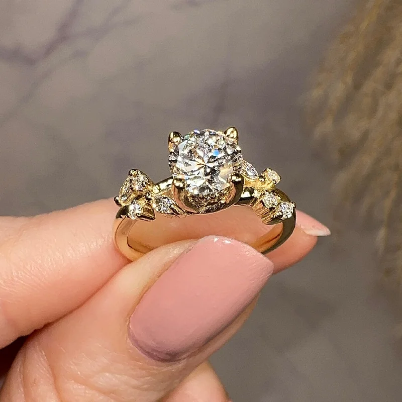 Ladies engagement rings size guide-"Penelope" Rose Floral Under Halo Hidden 1.25 Carat Round Brilliant Cut Diamond Yellow Gold Engagement Ring