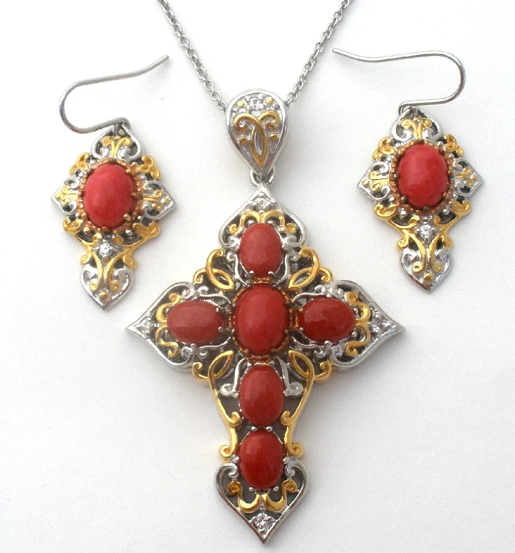 Ladies necklaces sister sets-Michael Valitutti Red Coral Cross Necklace Set 925