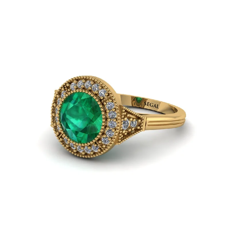 Ladies engagement rings pear shapes-Round Cut Emerald Milgrain Halo Engagement Ring - Maggie No. 4