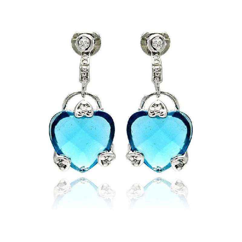 Ladies earrings group styles-Silver 925 Rhodium Plated Blue Heart CZ Dangling Earrings - BGE00191