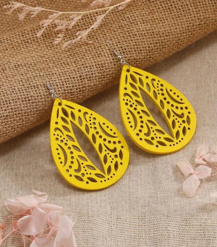 Ladies earrings price range-Yellow Hollowed Out Drop Earrings