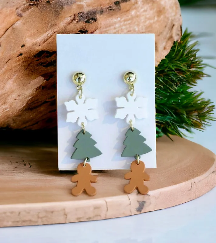 Ladies earrings punk vibes-Acrylic Snowflake, Christmas Tree, and Gingerbread Man Holiday Stud Drop Earrings