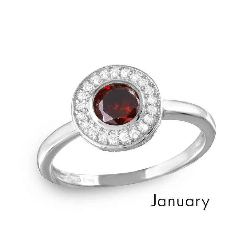 Ladies rings ruby gems-January Sterling Silver 925 Rhodium Plated CZ Center Birthstone Halo Ring - BGR01082JAN