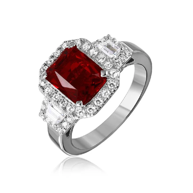 Ladies rings sapphire stones-Silver 925 Rhodium Plated Red Emerald Cut Center CZ Stone Ring - GMR00101R