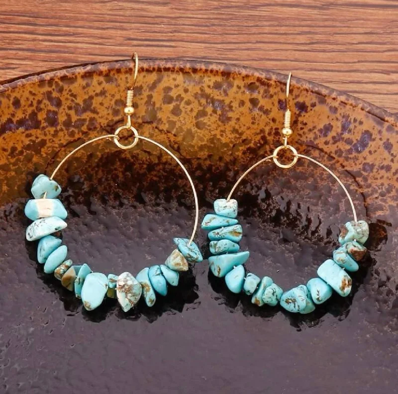 Ladies earrings discount deals-Beautiful Round Turquoise Stone Drop Earrings