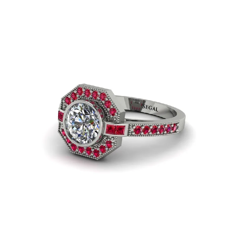 Ladies engagement rings affordable finds-Ruby Octagon Halo Engagement Ring - Leia No. 48