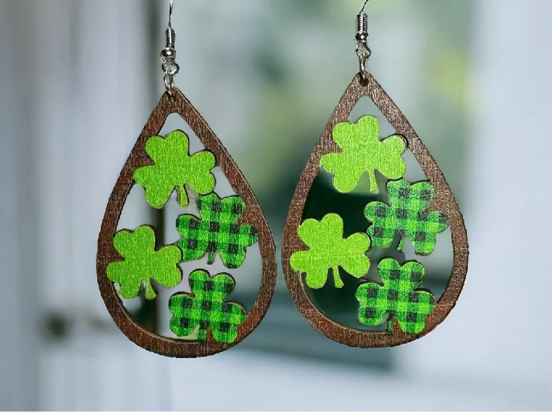 Ladies earrings youthful charm-Wooden Shamrock Teardrop Earrings