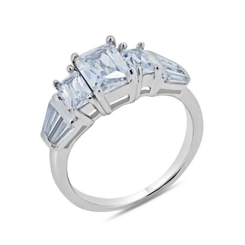 Ladies rings Mother’s Day-Rhodium Plated 925 Sterling Silver Clear Baguette Rectangular CZ Bridal Ring - BGR00066