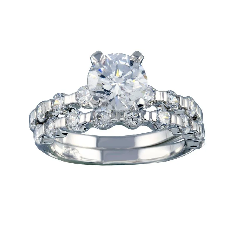 Ladies rings casual vibes-Rhodium Plated 925 Sterling Silver Clear Round Center CZ Bridal Ring Set - BGR00233