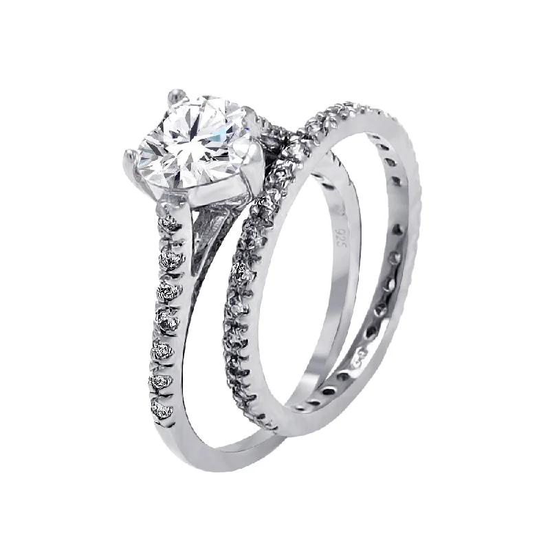 Ladies rings care tips-Silver 925 Rhodium Plated Clear CZ Heart Bridal Ring Set - BGR00068