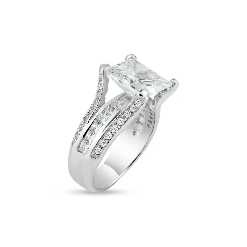 Ladies rings star motifs-Silver 925 Rhodium Plated Princess Cut CZ Bridal Ring - BGR00071