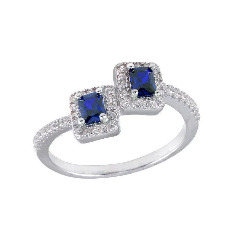 Ladies rings colorful gems-Rhodium Plated 925 Sterling Silver Double Square Blue Center CZ Ring - BGR01254BLU