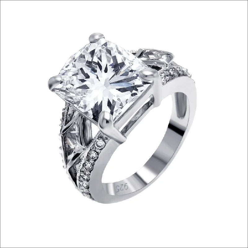 Ladies rings natural stones-Silver 925 Rhodium Plated Clear Square Center CZ Bridal Ring - BGR00082