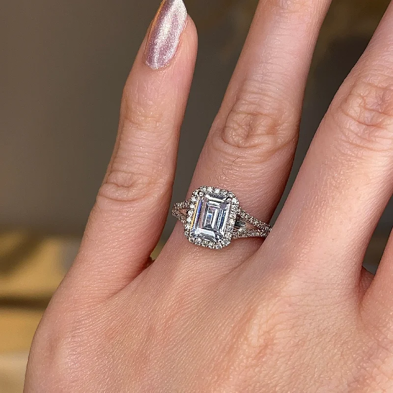 Ladies engagement rings vintage charm-"Elora" Octagon Halo Emerald Cut Diamond Split Diamond Shoulder Engagement Ring HAEC08