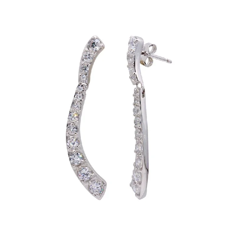 Ladies earrings European flair-Silver 925 Rhodium Plated CZ Long Thin Curvy Earrings - STE00027