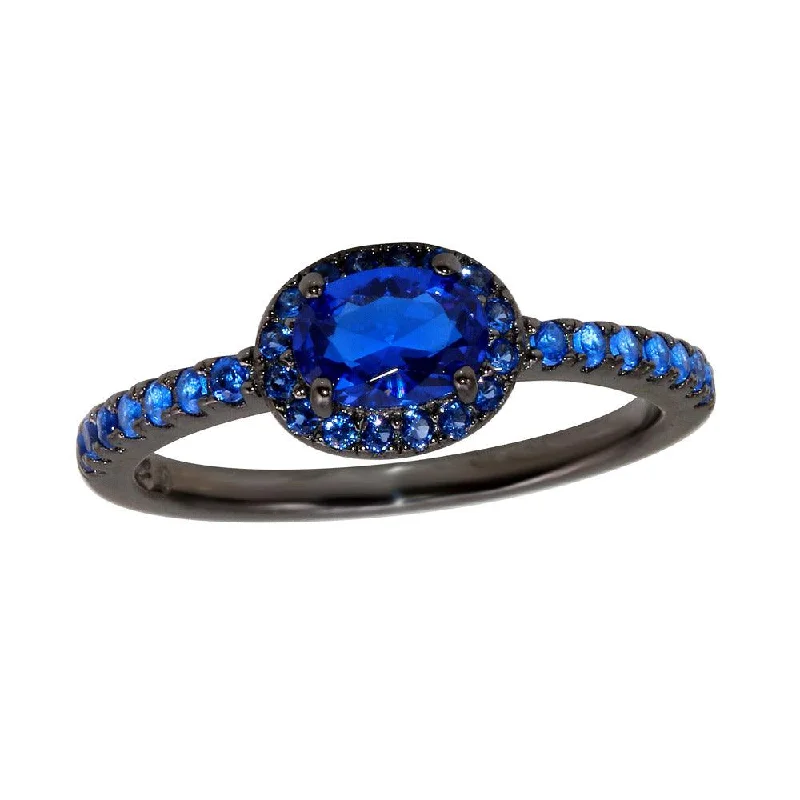 Ladies rings luxury brands-Black Rhodium Plated 925 Sterling Silver Blue Oval CZ Stone Ring - BGR01235