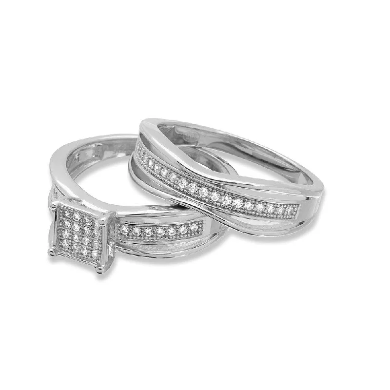 Ladies rings store finds-Silver 925 Rhodium Plated Square Center Trio Bridal Ring - GMR00156