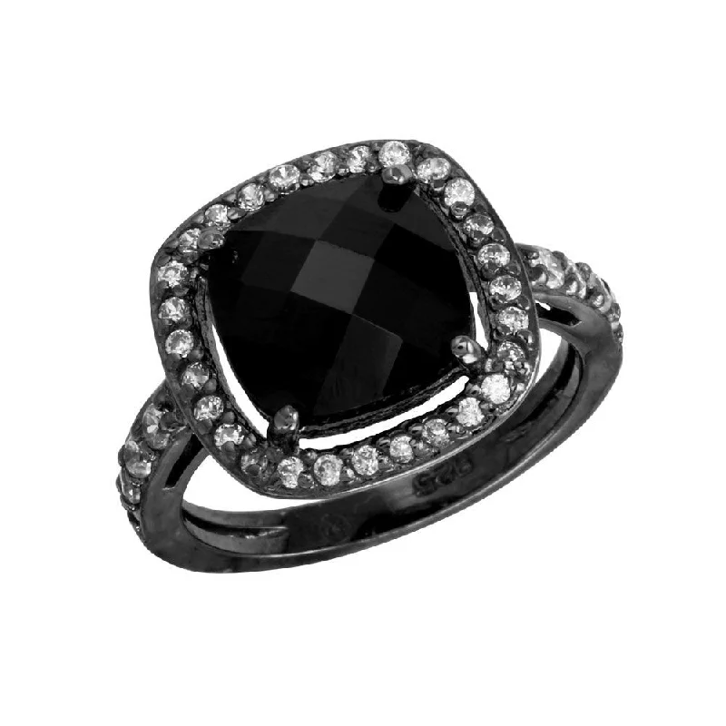 Ladies rings hypoallergenic-Black Rhodium Plated 925 Sterling Silver Square Halo Black CZ Center Ring - STR00597BLK