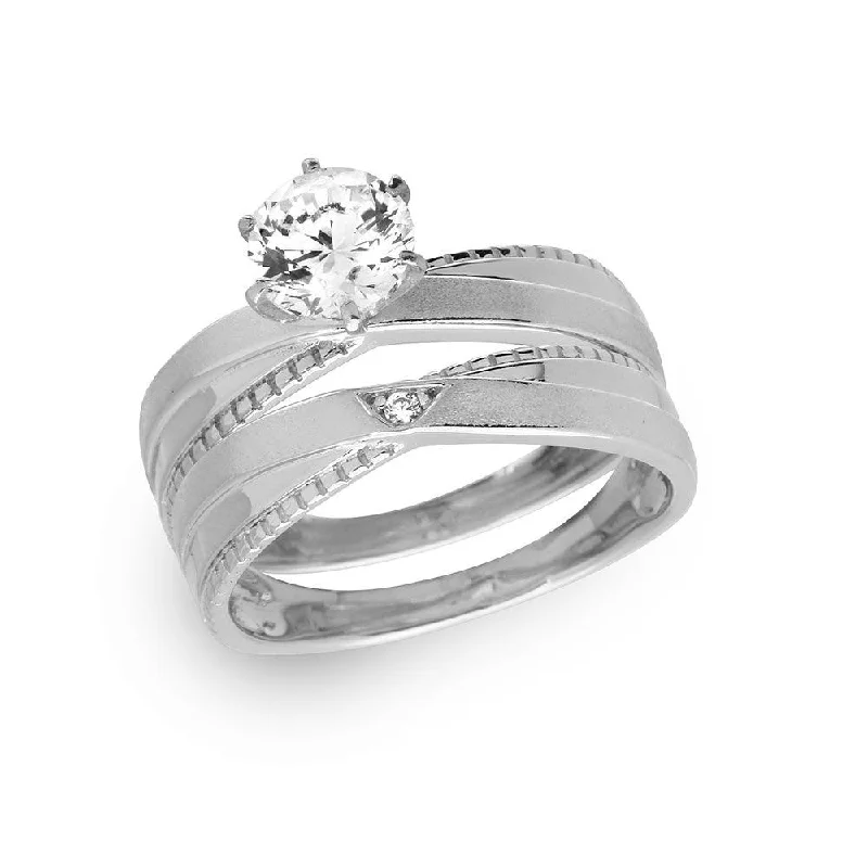 Ladies rings anniversary picks-Silver 925 Rhodium Plated Round Solitaire Trio Bridal Ring - GMR00180