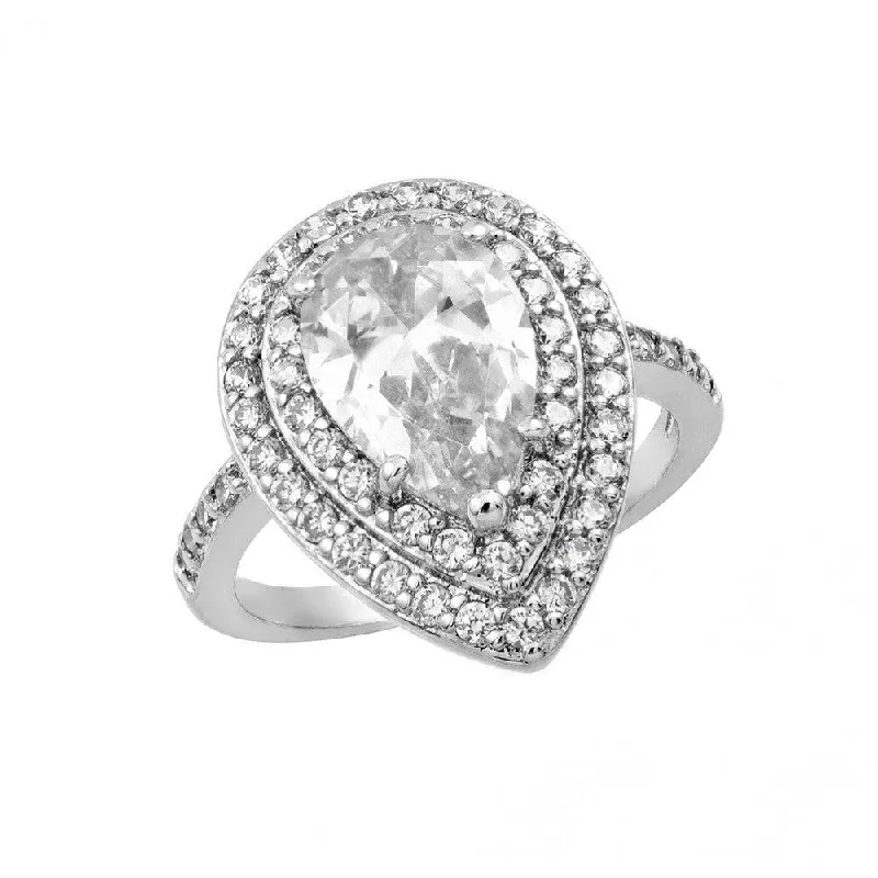 Ladies rings minimalist styles-Silver 925 Rhodium Plated Clear Center and Cluster CZ Teardrop Ring - BGR00887CLR