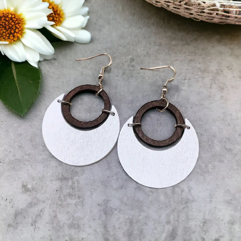 Ladies earrings pure silver-Beautiful Round Black and White Wooden Earrings