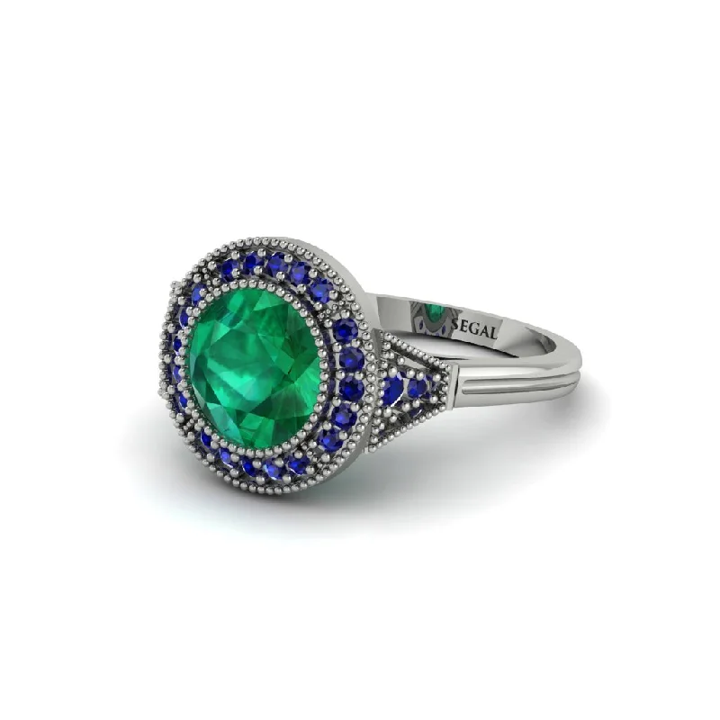 Ladies engagement rings natural gems-Round Cut Emerald Milgrain Halo Engagement Ring - Maggie No. 66