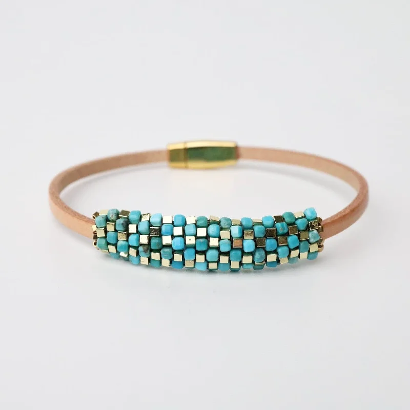 Ladies bracelets Asian styles-Tiny Turquoise & Gold Plated Hematite Leather Bracelet