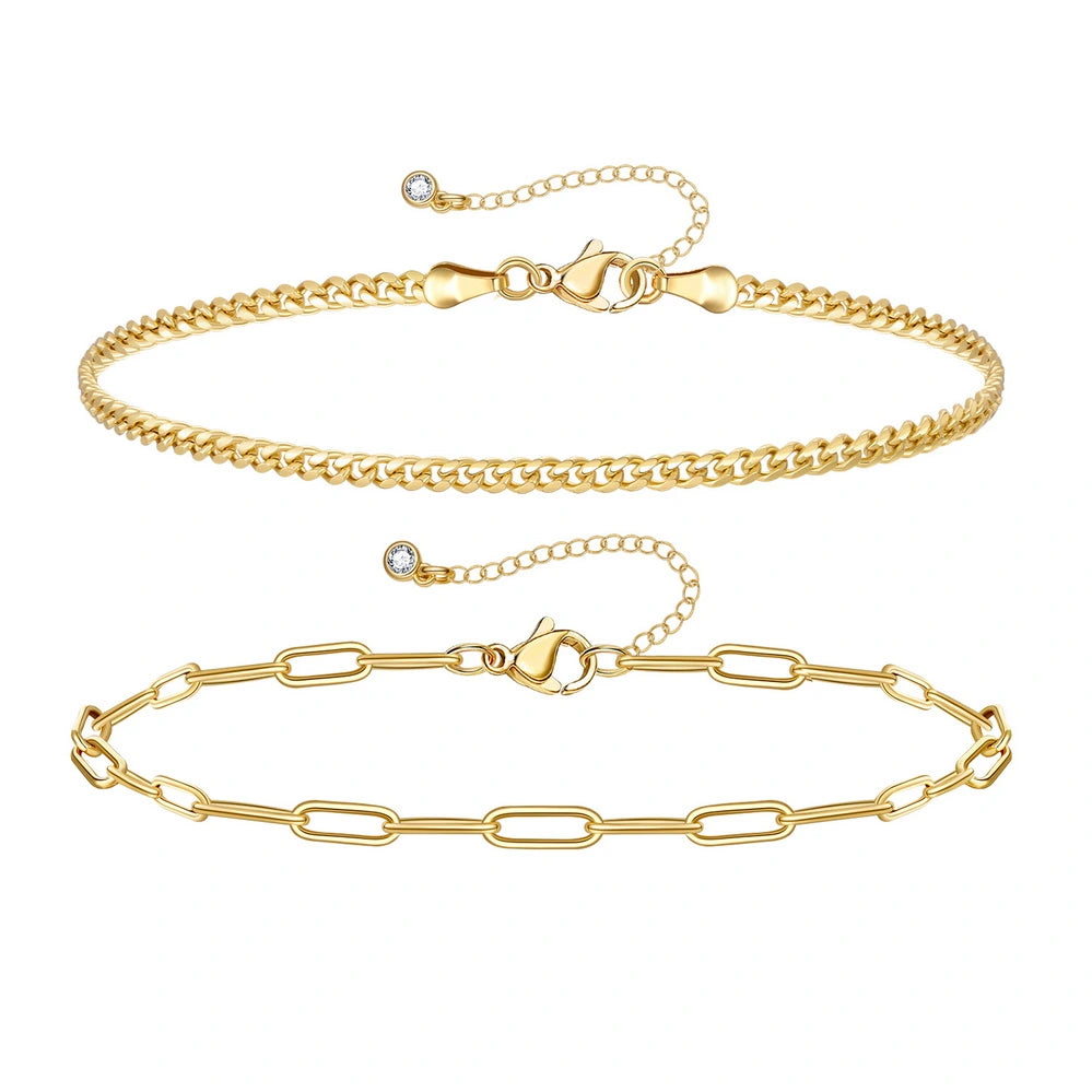 Ladies bracelets age suitability-Dainty 14k Gold Plated Layering Anklets Bracelets Set-Paperclip & 3mm Cuban