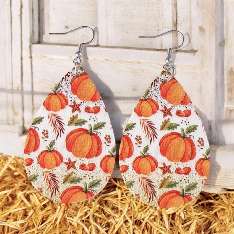 Ladies earrings creative pieces-Beautiful Leather Pumpkin Teardrop Earrings