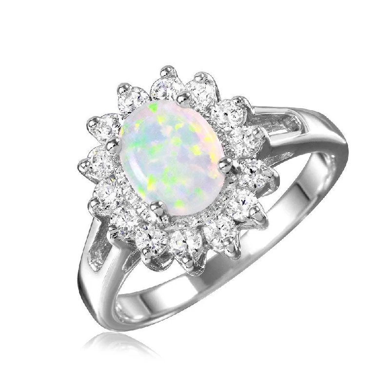 Ladies rings global brands-Silver 925 Rhodium Plated Oval Halo Ring with Synthetic Opal Center Stone - BGR01027