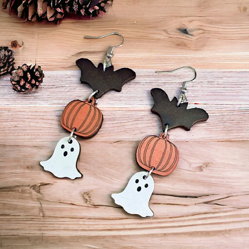 Ladies earrings modern appeal-Wooden Halloween Drop Earrings