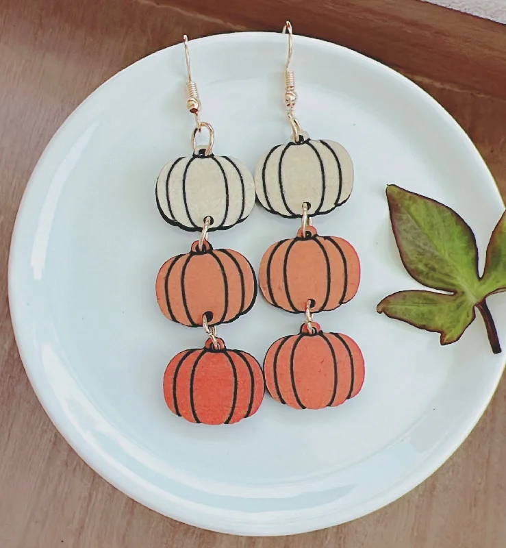 Ladies earrings diamond accents-Wooden Pumpkin Drop Earrings