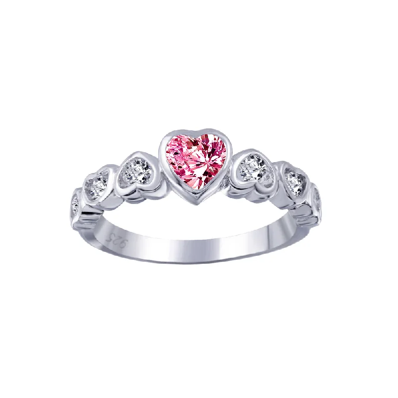 Ladies rings limited editions-Silver 925 Rhodium Plated Red Center CZ Heart Ring - BGR00014RED