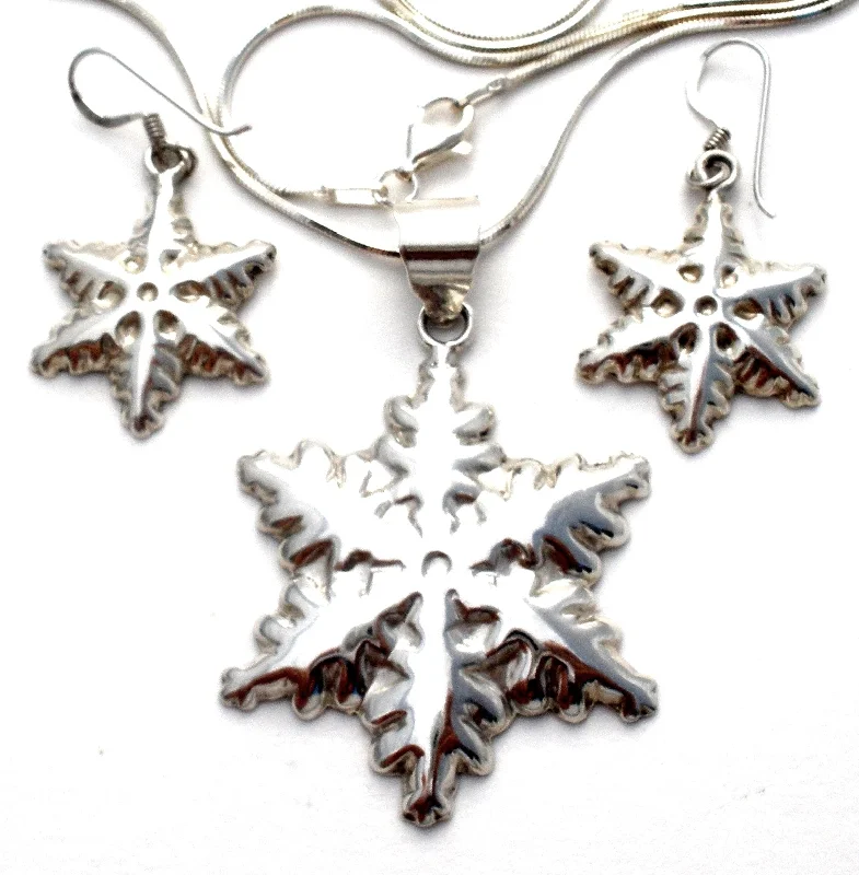 Ladies necklaces global brands-Sterling Silver Snowflake Necklace Set