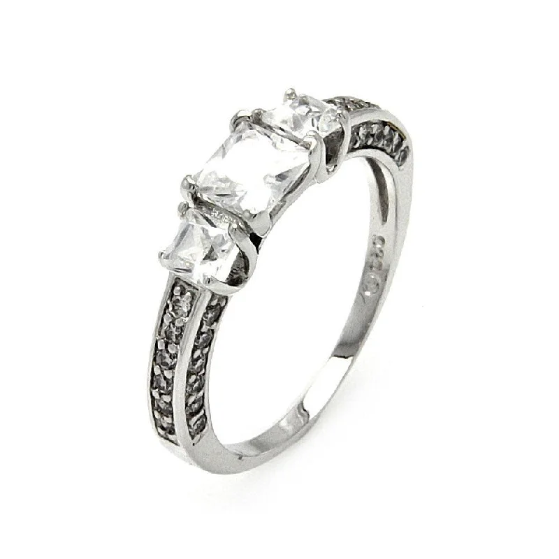 Ladies rings synthetic jewels-Silver 925 Rhodium Plated Clear Square CZ Bridal Past Present Future Ring - BGR00472